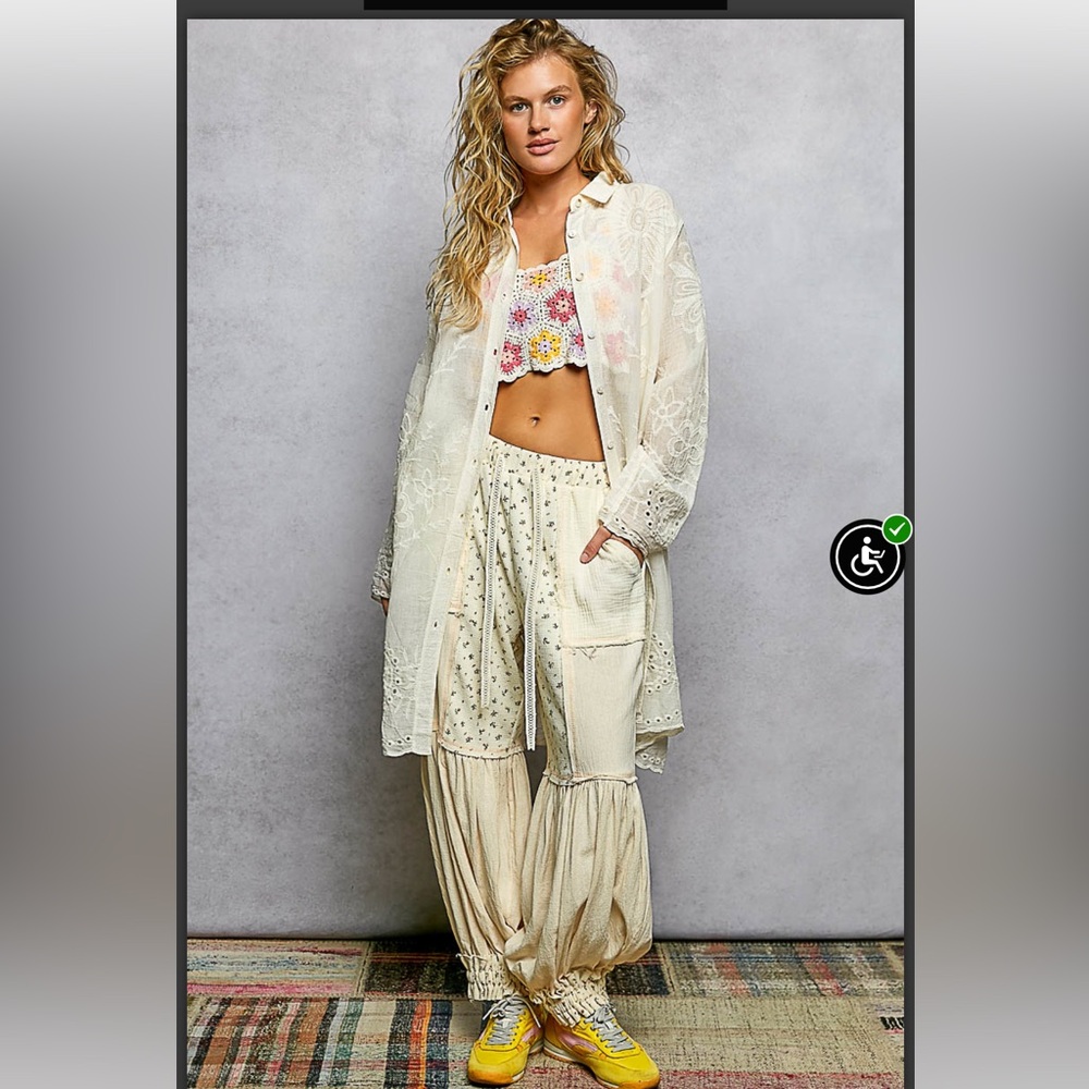 POL IVORY EMBROIDERED Long Sleeve Button up Cotton Shacket